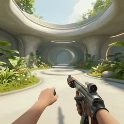 screenshot of a first person shooter game on unreal engine 5, in a liminal underground garden, photorealistic, retrofuturism