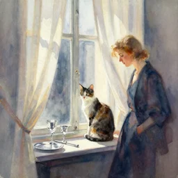 abstract watercolor painting of sunlight through curtain window, a cat sits on the window sill, silverware and glass, cinematic light, national romanticism by hans dahl, by jesper ejsing, by anders zorn, concept art, sharp focus, illustration, art by artgerm and greg rutkowski and magali villeneuve