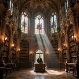 majestic ornate great hall, grand library, baroque, torches, stained glass windows, sun light rays, vegetation, dreamy mood, Darek Zabrocki, Karlkka, trending on Artstation, 8K