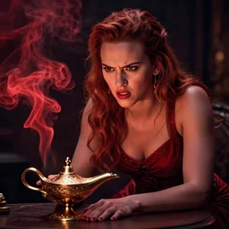 angry scarlett johansson as a genie, red smoke coming from lamp, artstation style, concept art, dramatic lighting
