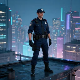 a futuristic policeman stands on a rooftop of a cyberpunk city