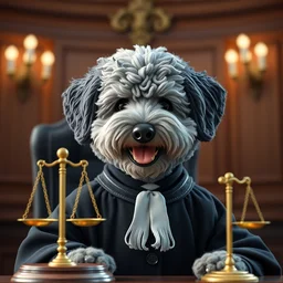 a closeup photorealistic illustration of a smiling knitted bernedoodle judge dog dressed in a black gown, presiding over the courthouse. scales of justice and a gavel. this 4 k hd image is trending on artstation, featured on behance, well - rendered, extra crisp, features intricate detail, epic composition and the style of unreal engine.
