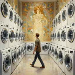 a beautiful illustration of a man walking in a room filled with hundreds of washing machines, washing machines, intricate, sharp focus, illustration, highly detailed, digital painting, concept art, matte, art by wlop and artgerm and greg rutkowski and alphonse mucha, masterpiece
