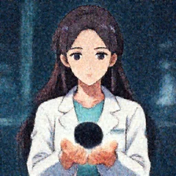 a beautiful female scientist holding a small black hole in her hands, anime art, symmetrical facial features, symmetrical proportions, illustration