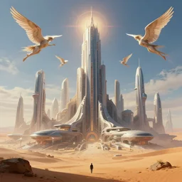cinematic futuristic city of the God Emperor at the end of the desert by Greg Rutkowski, cyberpunk angels flying, futurism, futuristic architecture concept, inspired by Stephan Martiniere and Bjarke Ingels, fantasy, digital art, professional illustration, realistic, ultra detailed, atmospheric, cinematic lighting, movie concept art, hyper detailed, insanely detailed, corona render, octane render, colorful redshift render, 8k