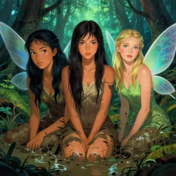mix of beautiful dark japanese girl, mariel hemmingway and elle macpherson as fairies, perfect faces, magical forest, muddy swamp, very coherent and colorful high contrast art, artstation, deviantart, digital art