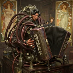 intricate machine with leather hoses and pumps and accordion whistles unreal engine, greg rutkowski, loish, rhads, beeple, makoto shinkai and lois van baarle, ilya kuvshinov, rossdraws, tom bagshaw, alphonse mucha, global illumination, detailed and intricate environment