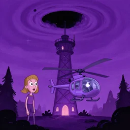 artgerm, abigail larson, saul bass, purple color pallete, welcome to night vale, radio tower with black hole above it, helicopter, spooky strange weird quirky, cartoon, 2 d, chiral lighting