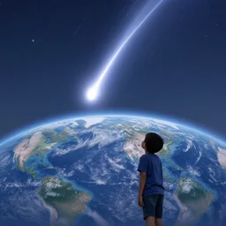 a boy look to sky saw a huge meteor approach to earth
