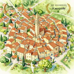 The village of Menton, Southern France. Isometric aerial view. Watercolor illustration. Very detailed, whimsical, award winning.
