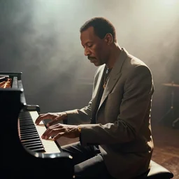 stevie wonder sitting at a piano playing music. studio lighting, mood, god rays through fog..