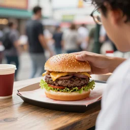 a human hamburger working take out on a busy day