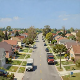 classic oil painting, a satellite view of a sunny sky suburban street with houses and dump trucks, rule of thirds, sunny suburban street, skycore, highly detailed, digital illustration, concept art, smooth, sharp focus, art by greg hildebrandt, and tim hildebrandt