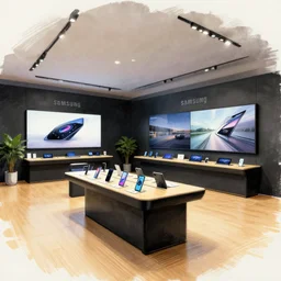 digital painting, inktober traditional marker sketch, artistic, masterful, atmospheric stylized lighting!!!!!!!!!! ( ( ( ( ( serious grounded balanced muted flagship samsung store, black walls. timber floor. low ceilings with spots. curved furniture, with large digital screen. display tables with phones and tablets, pots with plants, large digital screens on the walls ) ) ) ) )