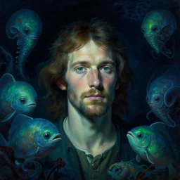 an underwater close - up renaissance portrait of a fisherman surrounded by alien sea creatures. deep blue and green tones. night time. gloomy dark black background. highly detailed fantasy science fiction portrait painting by norman rockwell, moebius, eyvind earle, frank frazetta, and syd mead. rich colors, high contrast. artstation