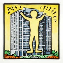artwork by keith haring of a building with a large, very visible humanoid and visible terrain, unique and interesting composition,