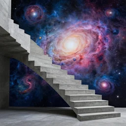 a brutalist concrete stairway filled with nebulas and galaxies by artgerm and magali villanueve and michael whelan. 8 k uhd