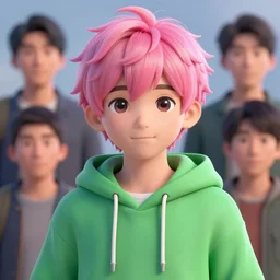 a beautiful portrait of a cute anime boy with pink hair wearing a green hoodie. character design by cory loftis, fenghua zhong, ryohei hase, ismail inceoglu and ruan jia. artstation, volumetric light, detailed, photorealistic, fantasy, rendered in octane