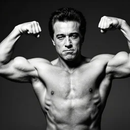 a photoshoot of a young and extremely buff danny devito flexing his muscles, dramatic, studio lighting, black and white