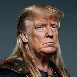 head and shoulders portrait of a barbarian, female, high fantasy, dnd, donald trump