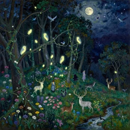 painterly dreamy dark midnight hill in the forest with trees, flowers, birds, glowing owls, deers, barely seen women, lianas, thistles, fantasy creatures, a stream and sky with moon and stars by Mikhail Vrubel, dark fantasy, witcher, very detailed oil painting in the alla prima style, masterpiece, 8k