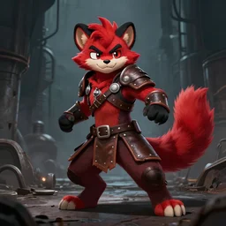 a handsome weasel bandit furry red - and - black fursona animal character { with tail }, leather armor, smirking, mid - action pose on a gritty industrial background by peder balke, dark industrial fantasy, furry art, deviantart contest winner, tumblr contest winner, this fursona has < a tail! >