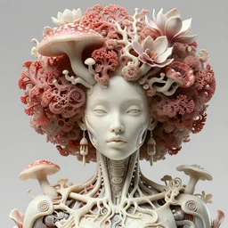 intricate hyper detailed ultra sharp focus front shot 3 d render of a beautiful porcelain ivory afro woman, close - up, f 2. 8 1 5 0 mm, sharp focus, alexandre ferra, elegant bionic cyberpunk mechanical red haute couture fractal mushroom corals, mycelum and fungi, magnolia goliath head ornaments, sinuous roots filigree, octane render, volumetric cinematic lighting, 8 k,