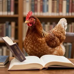 a chicken reading a book in the library