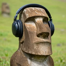 a high detail photo of a moai wearing headphones