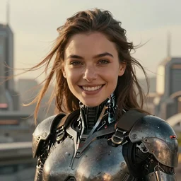close - up portrait of epic young mila kunis smiling into camera, intricate cyborg armor, vista of futuristic city, windy, golden hour, wlop, by gerald brom, by mikhail vrubel, by peter elson, muted colors, extreme detail, trending on artstation