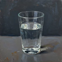 full glass of water in a dark room painted in thick heavy impasto, impressionist style, painted with a palette knife