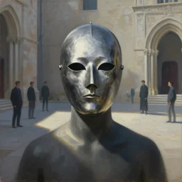 portrait of a sentinel with piercing eyes in an pewter mask, ambient courtyard, morning light, romanesque architecture, chiaroscuro, atmospheric, light cascading, minimalist, lowbrow, pop surrealism, avery palmer, mark ryden, mike davis, marion peck, camille rose garcia, todd schorr and ray caesar, oil on canvas