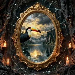 shattered glass texture, dark cave and lake massive oval mirror and toucan, cinematic, filmic, ray tracing reflections, insanely detailed and intricate, hypermaximalist, elegant, ornate, hyper realistic, super detailed, golden hour, stormy weather, ominous, dark wet walls of a dungeon, fire torches, candles, reflections, cave,