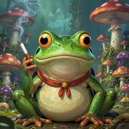 A centered chest up portrait of a psychedelic godlike anthropomorphic frog smoking a hand-rolled cigarette smoking heavily , magic mushroom village in background . award winning. superb resolution. in the art style of junji Ito and greg rutkowski . Detailed Mushroom city in background. Hyper realistic anime. Perfect art. Dalle2