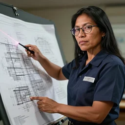 epic portrait of slightly muscular indigenous visionary woman wearing short sleeved instructor uniform pointing laser pointer on construction blueprint, architecture, glasses, detailed, artstation, concept art, donato giancola, joseph christian leyendecker, wlop, boris vallejo, breathtaking, 8 k resolution, extremely detailed beautiful, establishing shot, artistic hyperrealistic, beautiful face, enhanced hand, octane render
