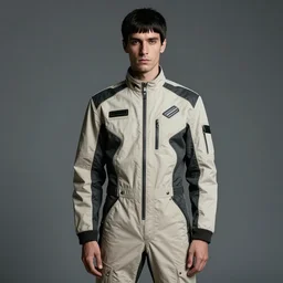 art of a portrait by marc davis, a man in his thirties, mix between french, turkish and russian, short black hair with bangs, very tall and slender, wearing a retro - futuristic beige and black utilitarian jumpsuit.