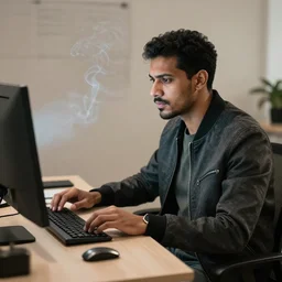 a man of culture wearing a smoking jacket, sitting at a desk, using a computer