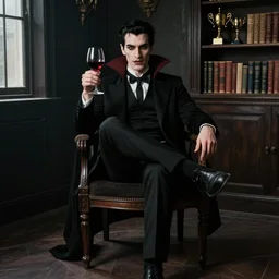 character portrait of a vampire with one leg crossed over the other, facing the camera, holding a wine glass filled with red wine in his hand, sitting sitting dramatically on a chair in a dark room, trophies along the back wall on bookshelves, moody colors, amazing value control, in the style of john singer sargent, dramatic lighting, spotlight from a window, sharp focus