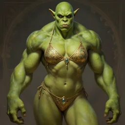 muscular female ogre, green face, deep focus, d & d, fantasy, intricate, elegant bikini, highly detailed, digital painting, artstation, concept art, matte, sharp focus, illustration, hearthstone, art by artgerm and greg rutkowski and alphonse mucha