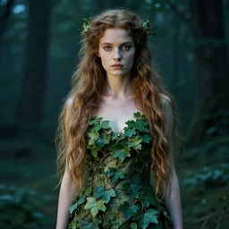 portrait of a nymph with long hairs and a dress made of ivy in alan lee and marc simonetti and emil melmoth style  , cinematic lighting