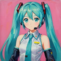 a portrait of a serious Operator Hatsune miku by Wayne Thiebaud, painting by Wayne Thiebaud, heavy pigment, colourful, heavy impasto technique, anime style, big eyes, space age pop, Operator mic