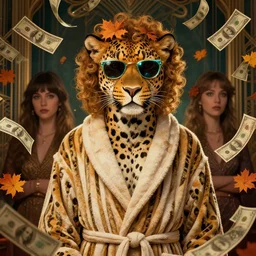 portrait, anthropomorphic leopard, striped bathrobe, curly hair, electric sunglasses, surrounded by floating autumn dollar bills, fantasy, detailed, intricate, luminescent, elegant, coherent, by mandy jurgens, hannah yata and kay sage, donato giancola, detailed, artstation, cinematic lighting, artdeco, art deco outrun aesthetic