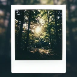 atmospheric Polaroid photograph of a forest, sun shining through the leaves