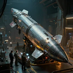 closeup of a highly futuristic technical missile defence system of a spacecraft with engineers working at the docks, cyberpunk, moody, luminescent, rule of thirds, golden ratio, ambient lighting, syd mead, greg rutkowski, wlop, artgerm, artstation, highly detailed masterpiece
