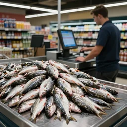 pile of dead fish being scanned by checkout assistant at supermarket checkout, very detailed