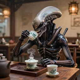 xenomorph alien drinking chinese tea in a chinese tea house