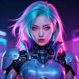 a beautiful portrait of a cyberpunk mecha queen with neon hair, closeup, digital art, by ross tran, by dan mumford, vibrant colors, highly detailed, outrun art style
