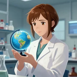 a laboratory, ( ( ( ( ( katniss everdeen ) ) ) ) ) as a scientist, wearing a labcoat, is holding a tiny globe, digital art, greg rutkowski, artstation