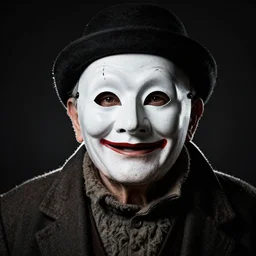 high contrast studio portrait of a wrinkled old man wearing a pulcinella mask, begging eyes, baggy cloathing and hat, close - up, backlit, dark mood, nikon, photo by unknown, masterpiece