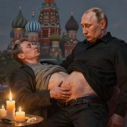 a ukrainian man stabbing vladimir putin in the belly in moscow, lit by candles, digital painting, artstation, concept art, craig mullins, breathtaking, 8 k resolution, extremely detailed, beautiful, establishing shot, artistic, hyperrealistic, octane render, cinematic lighting, dramatic lighting, masterpiece, light brazen, extremely detailed and beautiful face